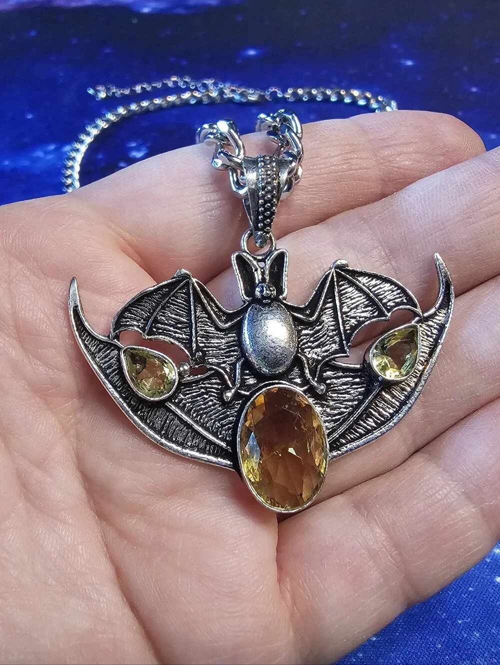 Bat Pendant Necklace with Amber Colored Crystals